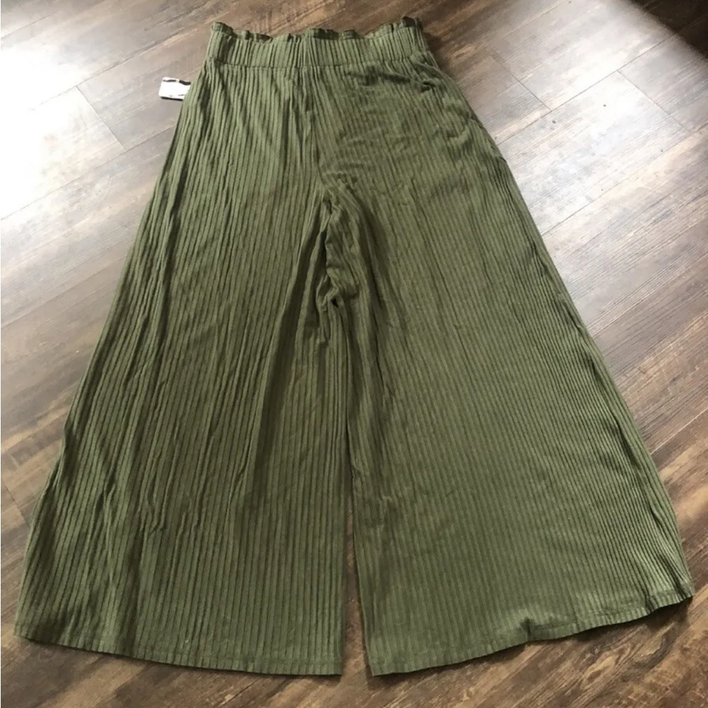 Free People Movement Blissed Out Pants Wide Leg Ribbed Pull On Army Green - Picture 5 of 5